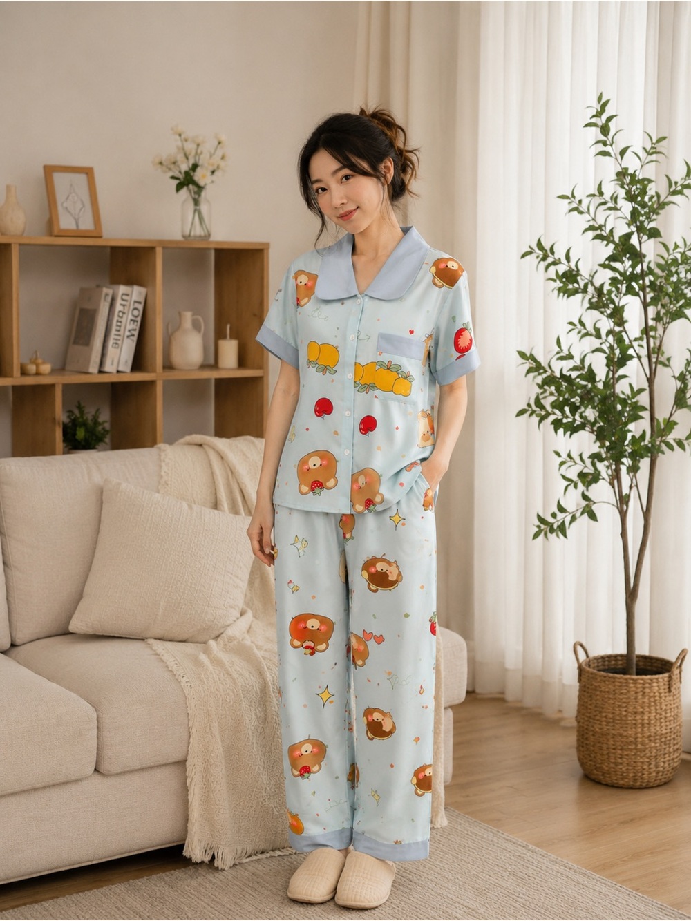 Light Blue Cute Cartoon Pajama Set - Women’s Sleepwear